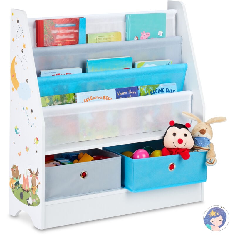 foto del prodotto porta giochi bambini, motivi di animali, 2 scatole, 3 scomparti, scaffale libreria, hlp 74x71x23 cm, colorato relaxdays