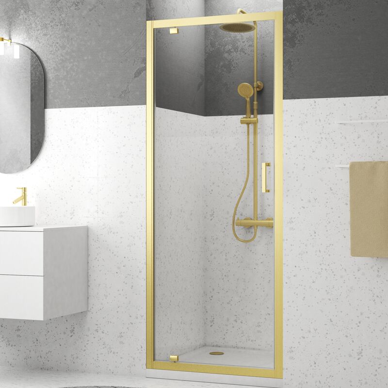 foto del prodotto porta girevole per doccia 80x200cm profilo oro spazzolato vetro temperato 6 mm goldy crush