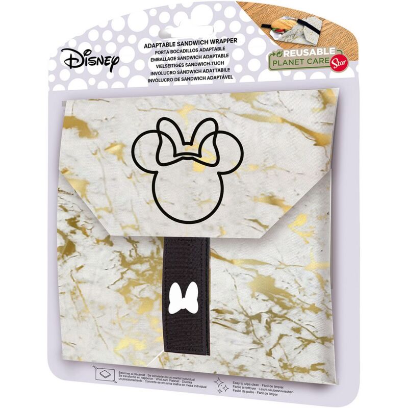 foto del prodotto porta merenda bambine disney minnie, senza bpa, riutilizzabile, lavabile in lavatrice, trasformabile in tovaglia con chiusura con velcro