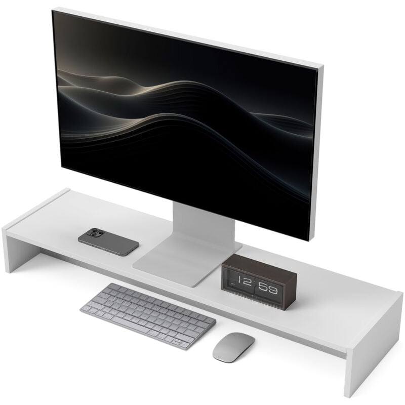 foto del prodotto porta monitor pc in legno con 2 vani contenitore, 100x27x15 cm, bianco homcom
