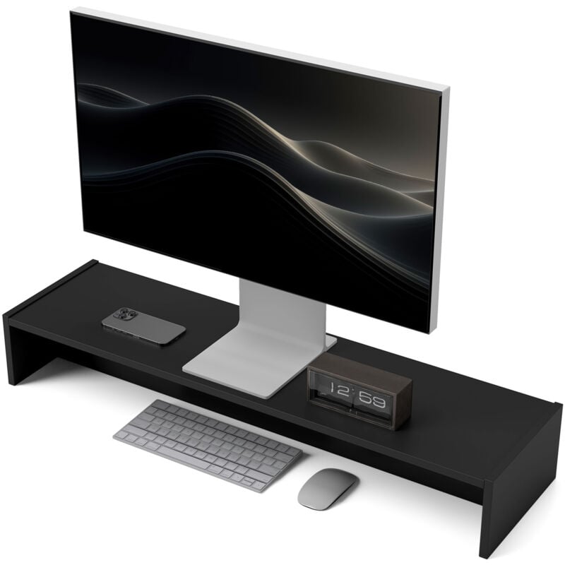 foto del prodotto porta monitor pc in legno con 2 vani contenitore, 100x27x15 cm, nero homcom