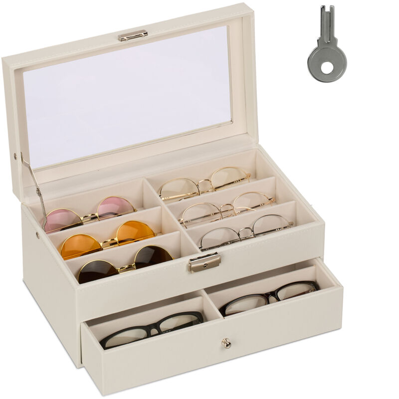 foto del prodotto porta occhiali multiplo, scatola per 12 paia, espositore con cassetti, hlp 15,5 x 33,5 x 19,5 cm, bianco relaxdays