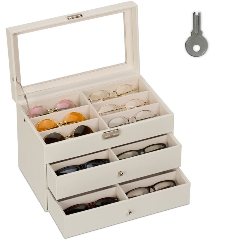 foto del prodotto porta occhiali multiplo, scatola per 18 paia, espositore con cassetti, hxlxp 22,5 x 33,5 x 19 cm, bianco relaxdays