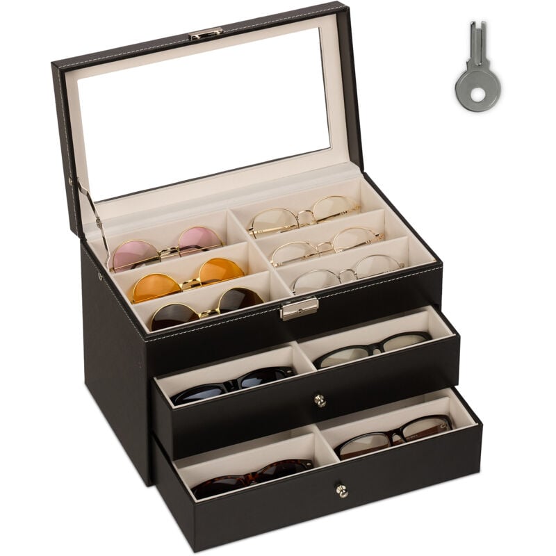 foto del prodotto porta occhiali multiplo, scatola per 18 paia, espositore con cassetti, hxlxp 22,5 x 33,5 x 19 cm, nero relaxdays