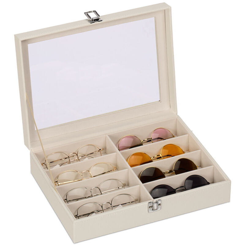 foto del prodotto porta occhiali multiplo, scatola per 8 paia, cofanetto espositore con cassetti, hlp 8,5x33,5x24,5 cm, bianco relaxdays