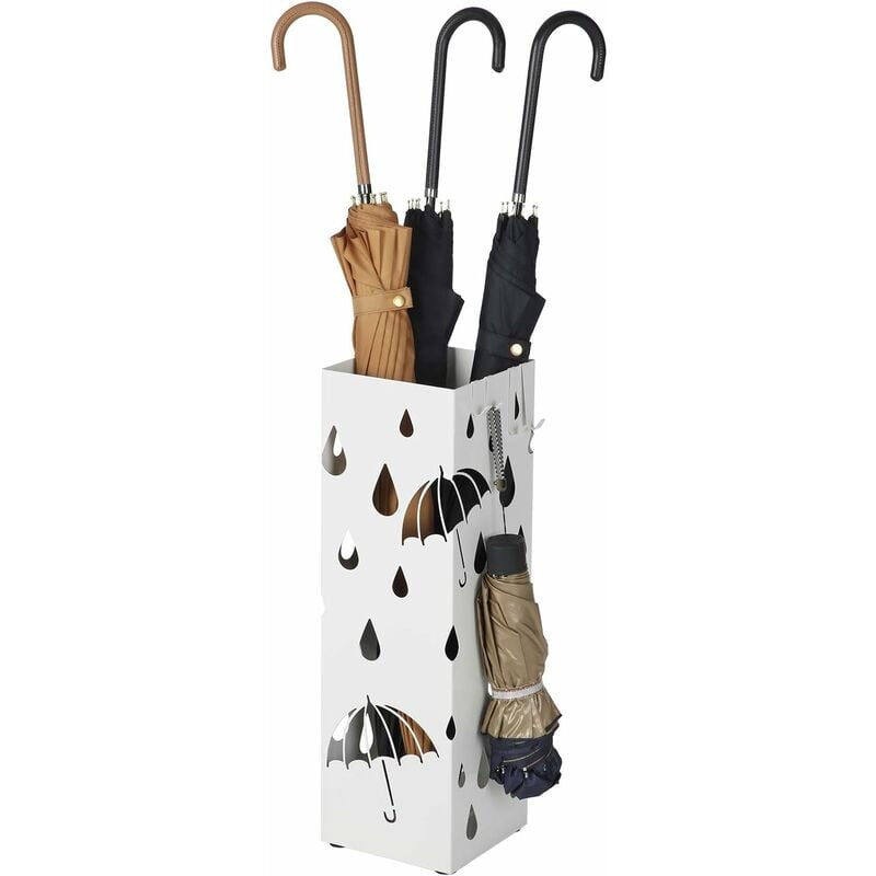 foto del prodotto porta ombrelli in metallo, contenitore per ombrelli con vaschetta scolapioggia e 4 gancetti, 15,5 x 15,5 x 49 cm, bianco songmics