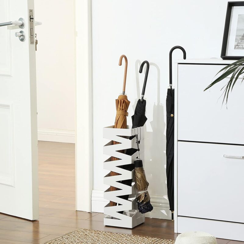 foto del prodotto porta ombrelli in metallo, contenitore per ombrelli quadrato con 4 gancetti e scolapioggia rimovibile, 15,5 x 15,5 x 49 cm, bianco songmics