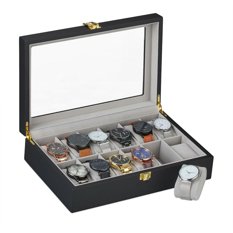 foto del prodotto porta orologi, 12 scomparti, finestrella in vetro, cuscini in velluto, 8,5x31,5x21 cm, cofanetto, grigio scuro relaxdays