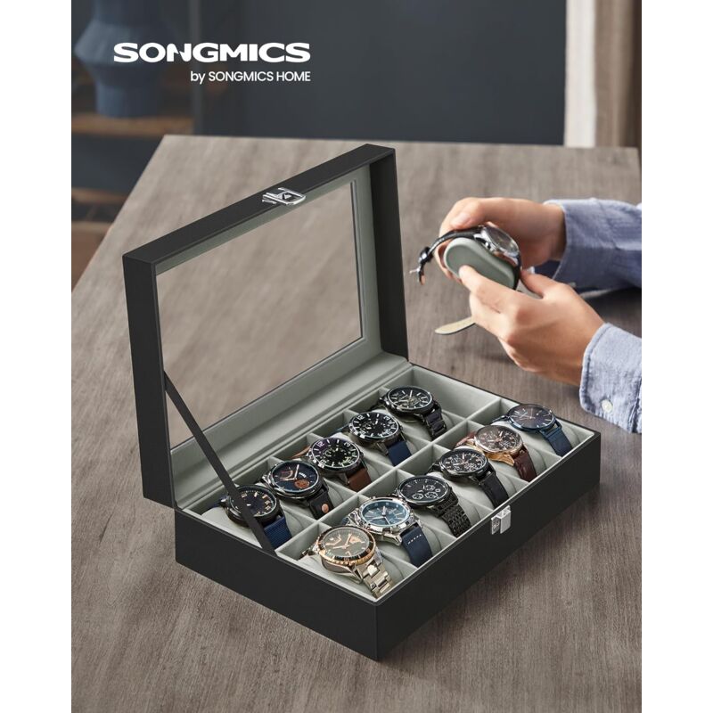 foto del prodotto porta orologi a 12 posti, scatola portaorologi, coperchio in vetro, cuscini rimovibili, chiusura in metallo, idea regalo, superficie in pu nera,