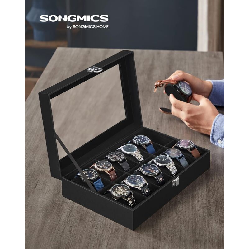 foto del prodotto porta orologi a 12 posti, scatola portaorologi, coperchio in vetro, cuscini rimovibili, chiusura in metallo, idea regalo, superficie in pu nera,