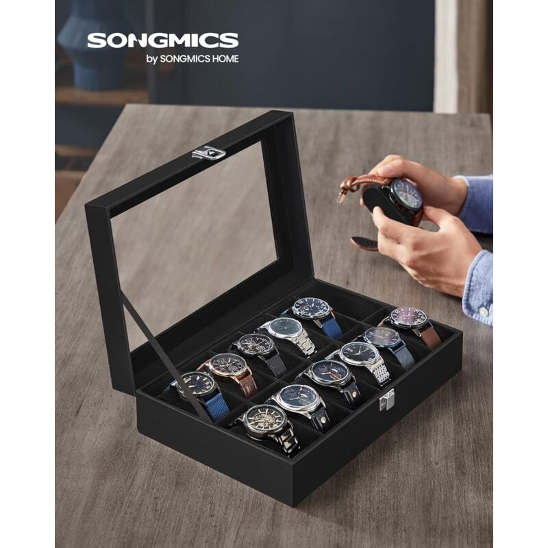 foto del prodotto porta orologi a 12 posti, scatola portaorologi, coperchio in vetro, cuscini rimovibili, chiusura in metallo, idea regalo, superficie in pu nera, interno nero - songmics