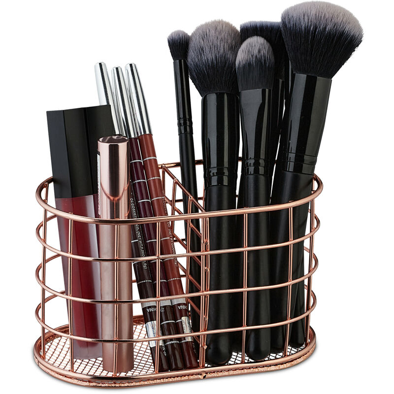 foto del prodotto porta penne, 2 scomparti, organizer portapennelli trucco, porta matite da scrivania, 9 x 15 x 8 cm, oro rosato relaxdays