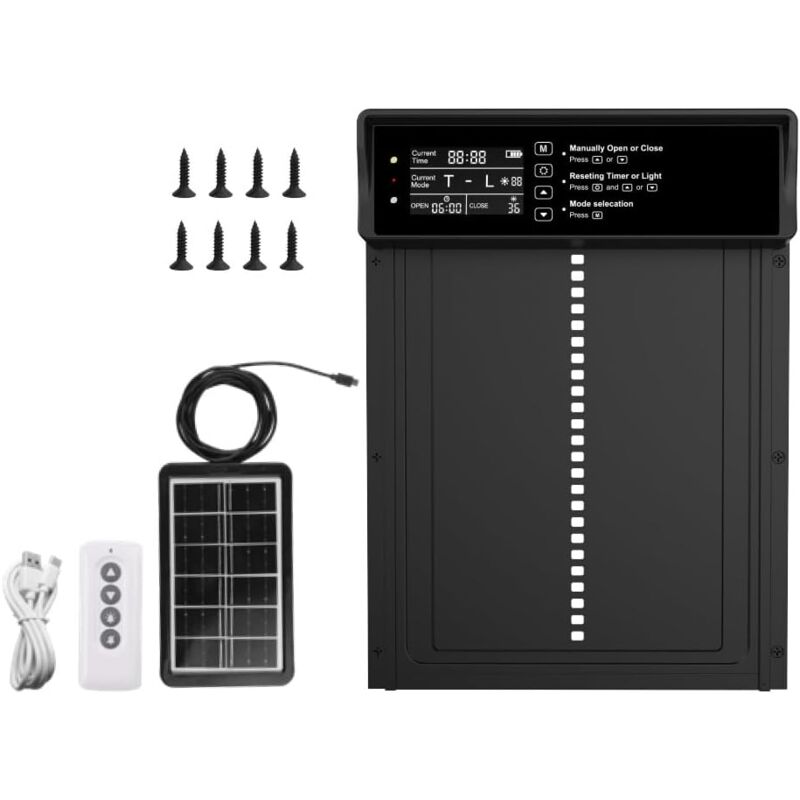 foto del prodotto porta per pollaio automatica solare da 10 w con sollevamento temporizzato, funzione antipizzicamento, porta elettrica per pollaio impermeabile e