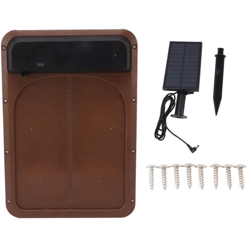 foto del prodotto porta per pollaio con sensore di luce, porta per pollaio alimentata a energia solare e a batteria marrone 