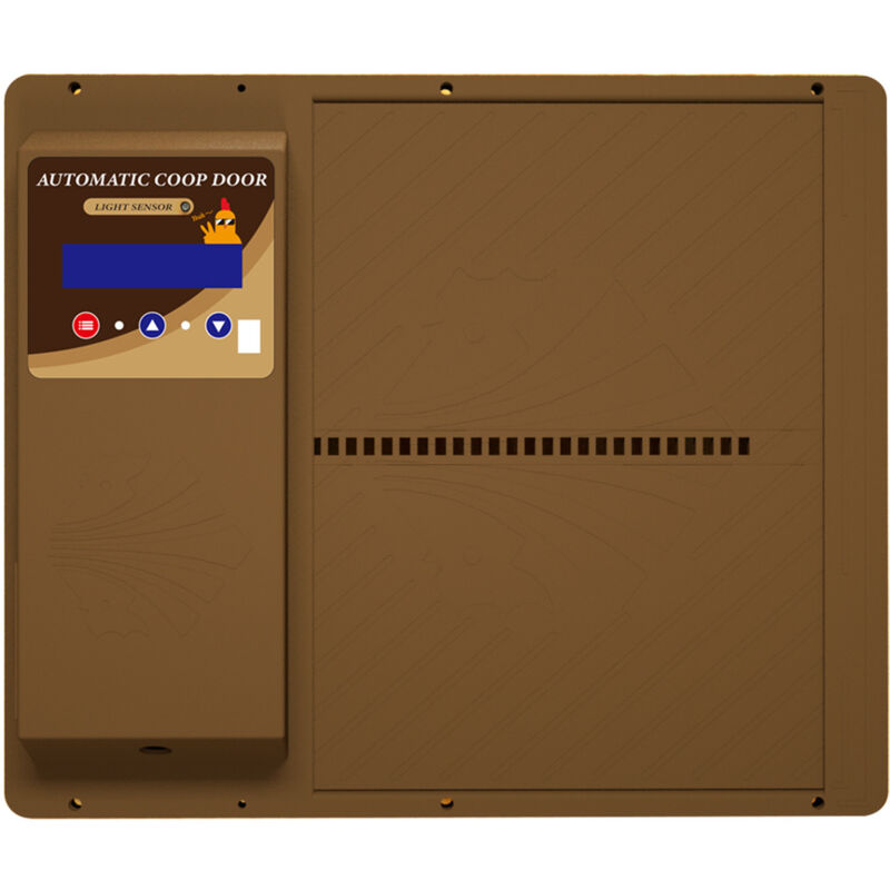 foto del prodotto porta per pollaio con timer, display led, apertura automatica programmabile, apertura orizzontale, per polli, anatre, oche, marrone