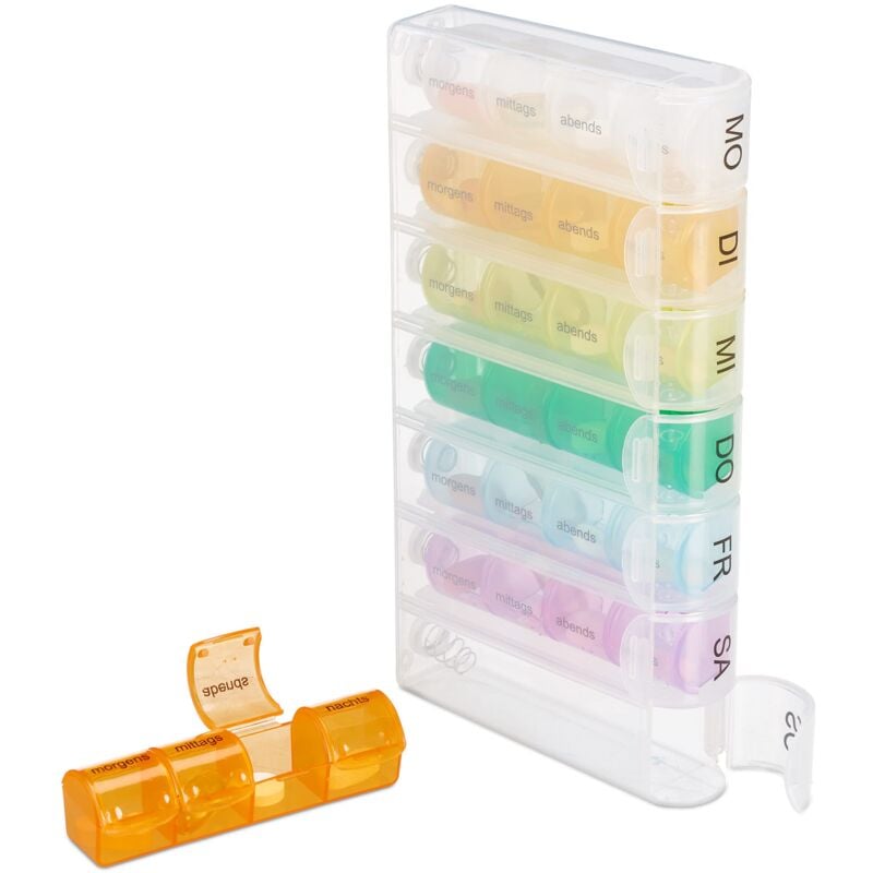 foto del prodotto porta pillole settimanale, giornaliero, 7 scatole, 4 scomparti, per medicine in pastiglia, senza bpa, colorato, 100 plastica, 1 pz relaxdays