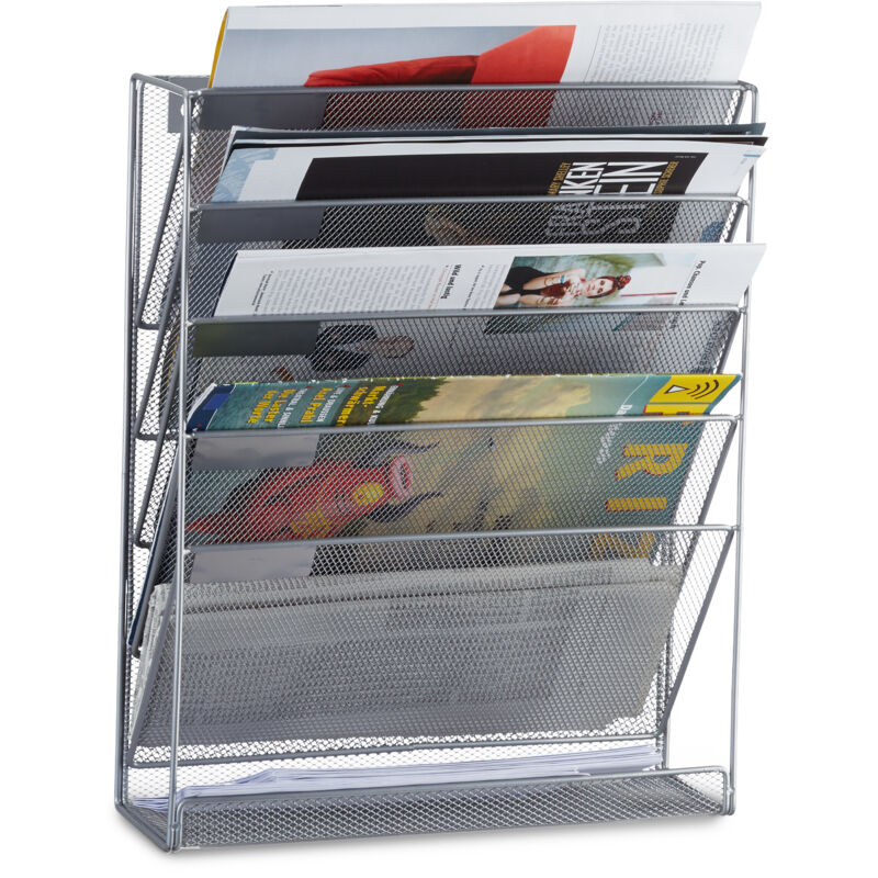 foto del prodotto porta riviste da muro, depliant da parete a4 espositore stand per giornali hlp 40 x 32 x 10 cm, argentato relaxdays