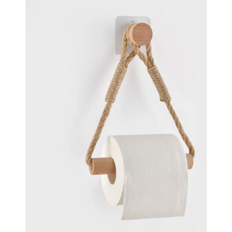 foto del prodotto porta rotolo di carta igienica autoadesivo, porta rotolo di carta igienica da bagno in legno con anello portasciugamani rustico 1 pz 