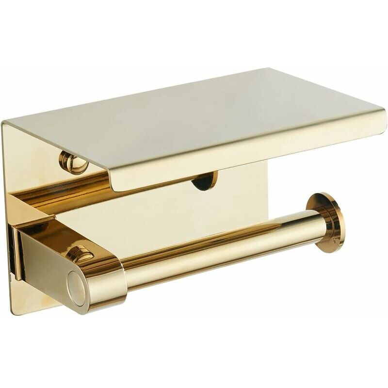 foto del prodotto porta rotolo di carta igienica in acciaio inossidabile 304 dorato con ripiano, porta rotolo di carta igienica a parete per bagno oro sollbry