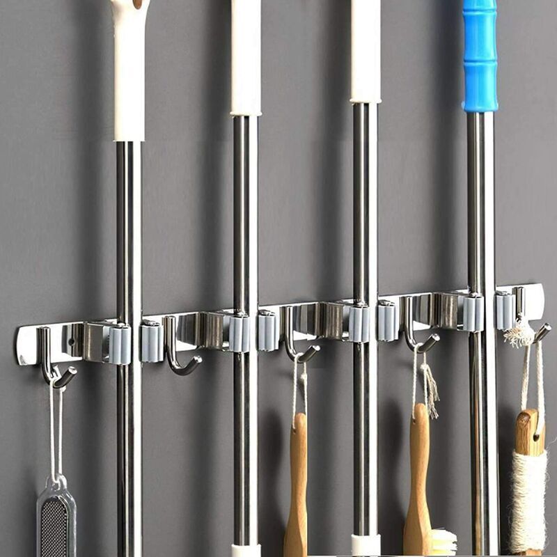 immagine 0 del prodotto porta scopa a parete appendi scopa in acciaio inox, portaoggetti per cucina, garage, lavanderia 4 slot e 5 ganci 