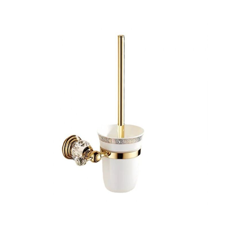 foto del prodotto porta scopino in metallo con vetro lucido e set wc accessori wc di design oro montaggio e finitura a parete