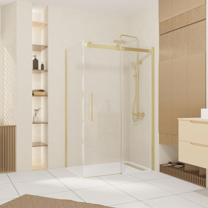 foto del prodotto porta scorrevole 120x200cm parete laterale 80cm oro spazzolato e vetro temperato 6mm