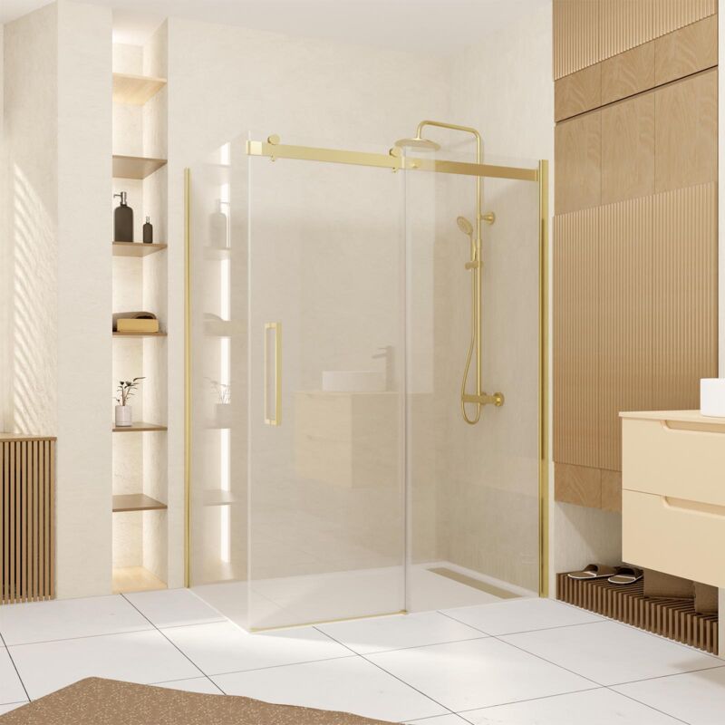 foto del prodotto porta scorrevole 140x200cm parete laterale 90cm oro spazzolato e vetro temperato 6mm