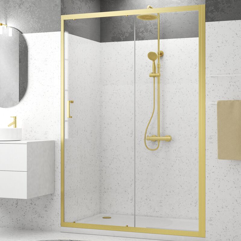 foto del prodotto porta scorrevole per doccia 140x200cm profilo oro spazzolato vetro temperato 6 mm goldy crush