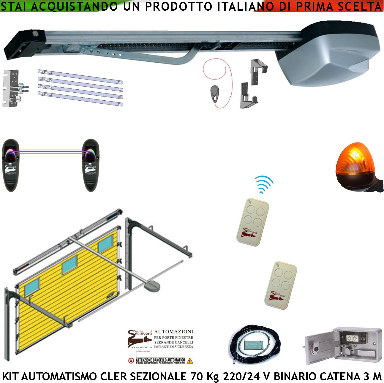 foto del prodotto porta sezionale 70 kg kit automazione da soffitto 220/24 v 2 radiocomandi fotocellule faro a led binario alluminio 3 metri catena 5,5 mt sistema autoreverse blindino cordino sblocco luce di cortesia