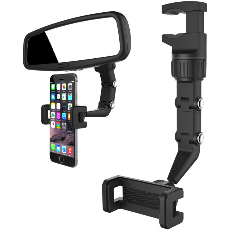 foto del prodotto porta smartphone nero fissato allo specchietto retrovisore