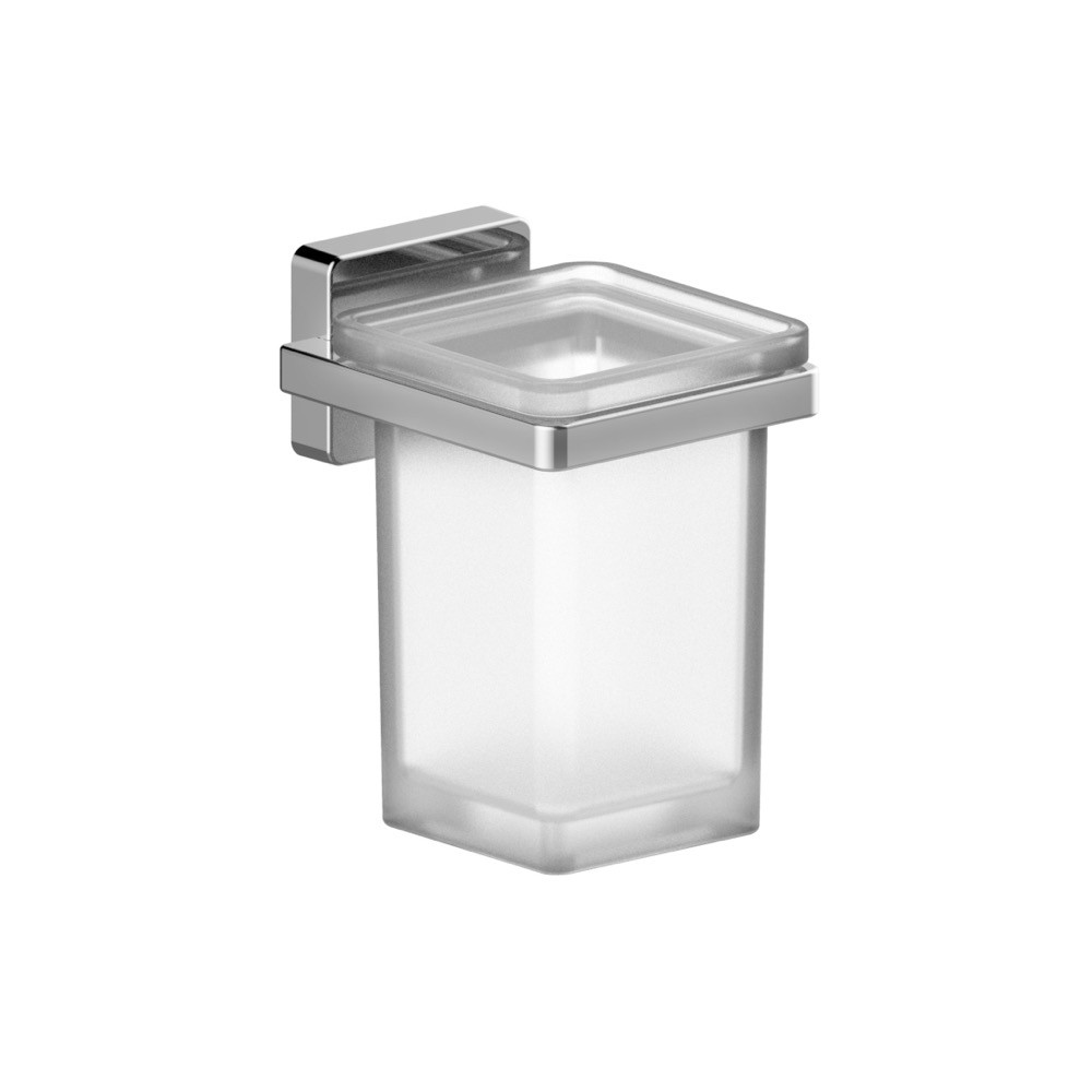 foto del prodotto porta spazzolini serie cubo con bicchiere in vetro satinato fissaggio ad incollo o con viti