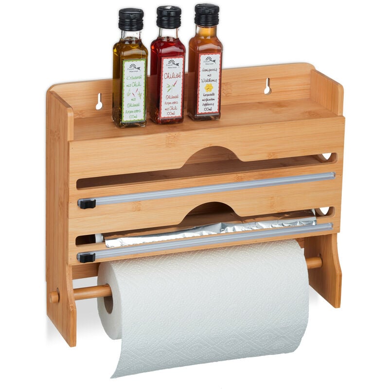 foto del prodotto porta spezie e scottex, 3 in 1, per rotoli di carta forno, pellicola, alluminio e rotolone da cucina, marrone relaxdays