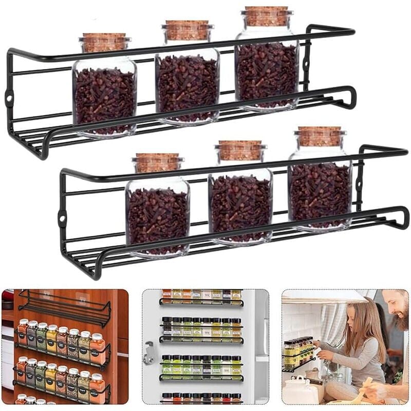 foto del prodotto porta spezie per la cucina, accessori per la cucina, porta spezie in metallo senza foratura, porta spezie per barattoli di spezie, accessori per la dispensa della cucina, 29 x 6,5 x 6,5 cm (nero)