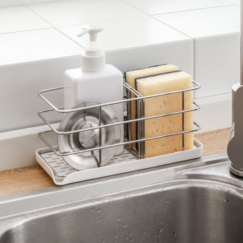 foto del prodotto porta spugna in acciaio inox 304, organizer multifunzionale per lavello da cucina, vassoio scolapiatti, porta sapone, asse da appendere regolabile