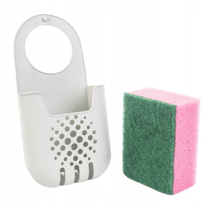 foto del prodotto porta spugna, scolapiatti per spugna, cestello sospeso per riporre la spugna, ripiano per rubinetto, organizer da cucina bianco kadax