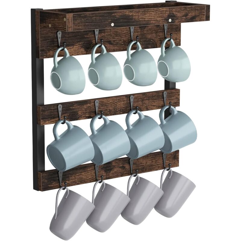 foto del prodotto porta tazze da caffe da muro portatazzine legno con 12 ganci con ripiano portaoggetti da parete per angolo caffe in taverna cucina
