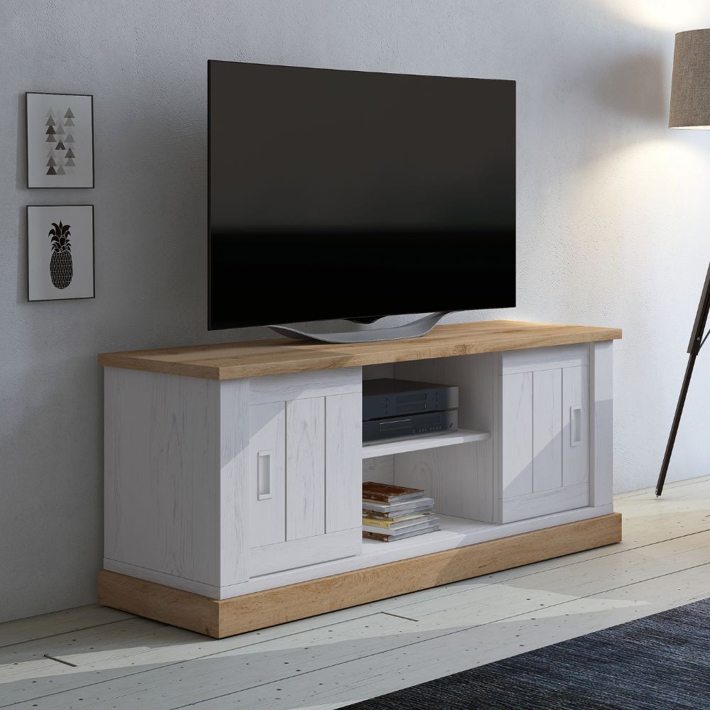 foto del prodotto porta tv anthony iii con 2 ante scorrevoli e vani a giorno colore rovere wotan e anderson pine stile shabby