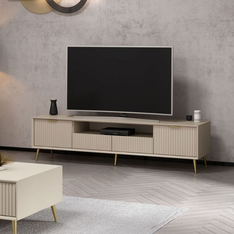 foto del prodotto porta tv con ante colore cashmere effetto cannettato e piedi in metallo oro 180x35x45h cm wilmy