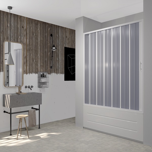 foto del prodotto porta vasca a soffietto in pvc per vasca nicchia 160 cm con apertura laterale morena bianco