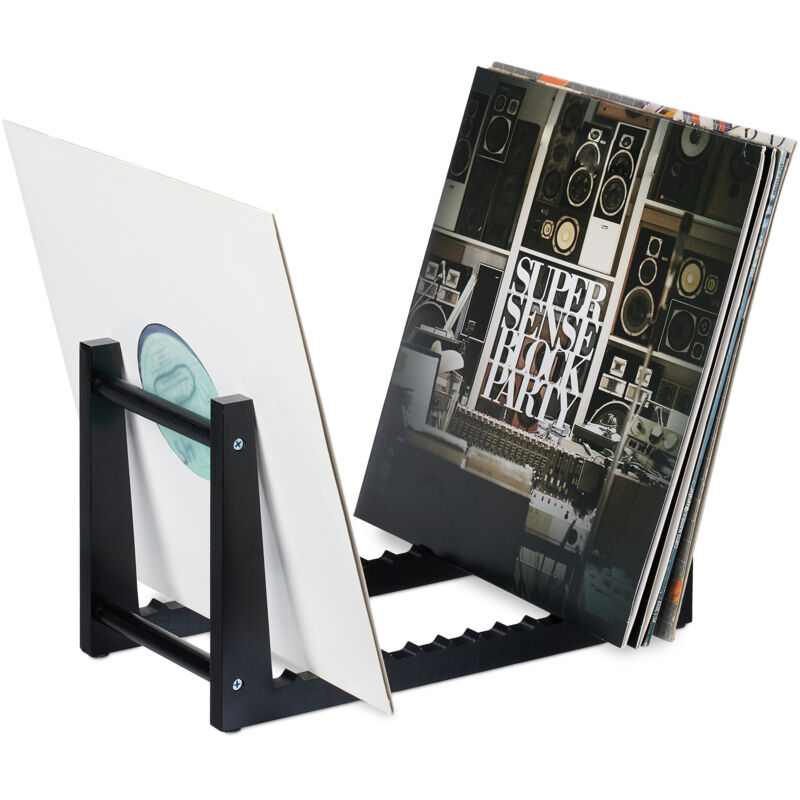foto del prodotto porta vinili, contenitore portavinili con 12 scanalature in bamb , 50 dischi lp, hlp 27 x 43 x 34 cm, nero relaxdays