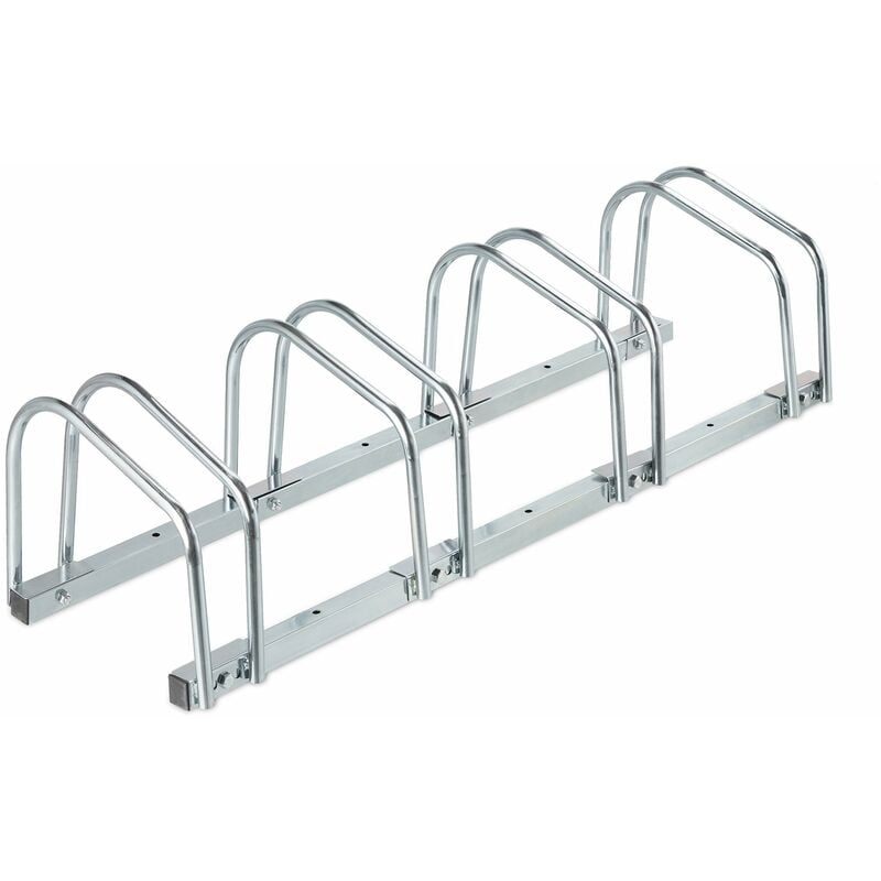foto del prodotto portabici da terra, supporto per 4 biciclette, per ruote fino 60 mm, metallo, parcheggio, garage, argentato relaxdays