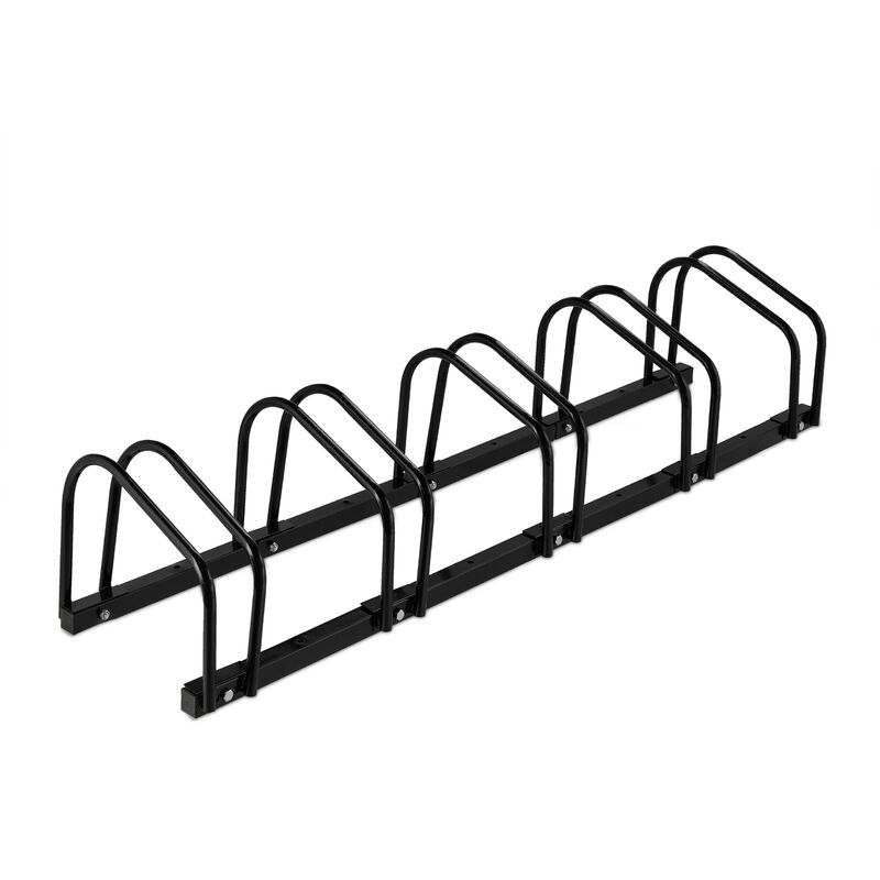 foto del prodotto portabici da terra, supporto per 5 biciclette, e bike, per ruote fino 60 mm, metallo, parcheggio, garage, nero relaxdays