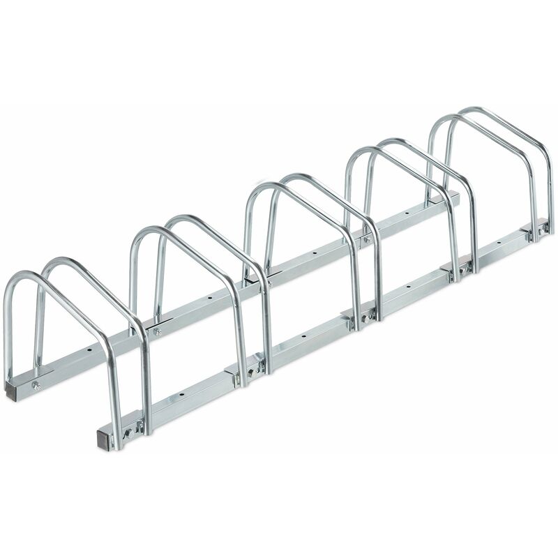 foto del prodotto portabici da terra, supporto per 5 biciclette, per ruote fino 60 mm, metallo, parcheggio, garage, argentato relaxdays