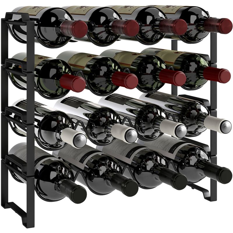 foto del prodotto portabottiglie a 4 livelli a onda 42.5x16,5x41 cm impilabili per 16 bottiglie in metallo nero