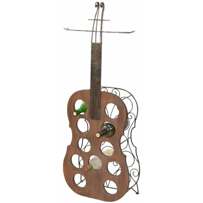 foto del prodotto portabottiglie da appoggio portabottiglie a forma di chitarra in mdf marrone e metallo color ruggine eta05039
