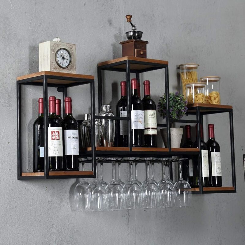 foto del prodotto portabottiglie da parete in legno, cestello cantinetta con supporto per bicchieri da vino, in metallo, montaggio a parete, fino a 30 kg, 106 x 20 x