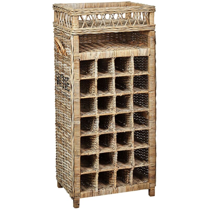 foto del prodotto portabottiglie in rattan naturale metallo e legno con manico in corda fatto a mano per 28 bottiglie 51 x 112 cm basira