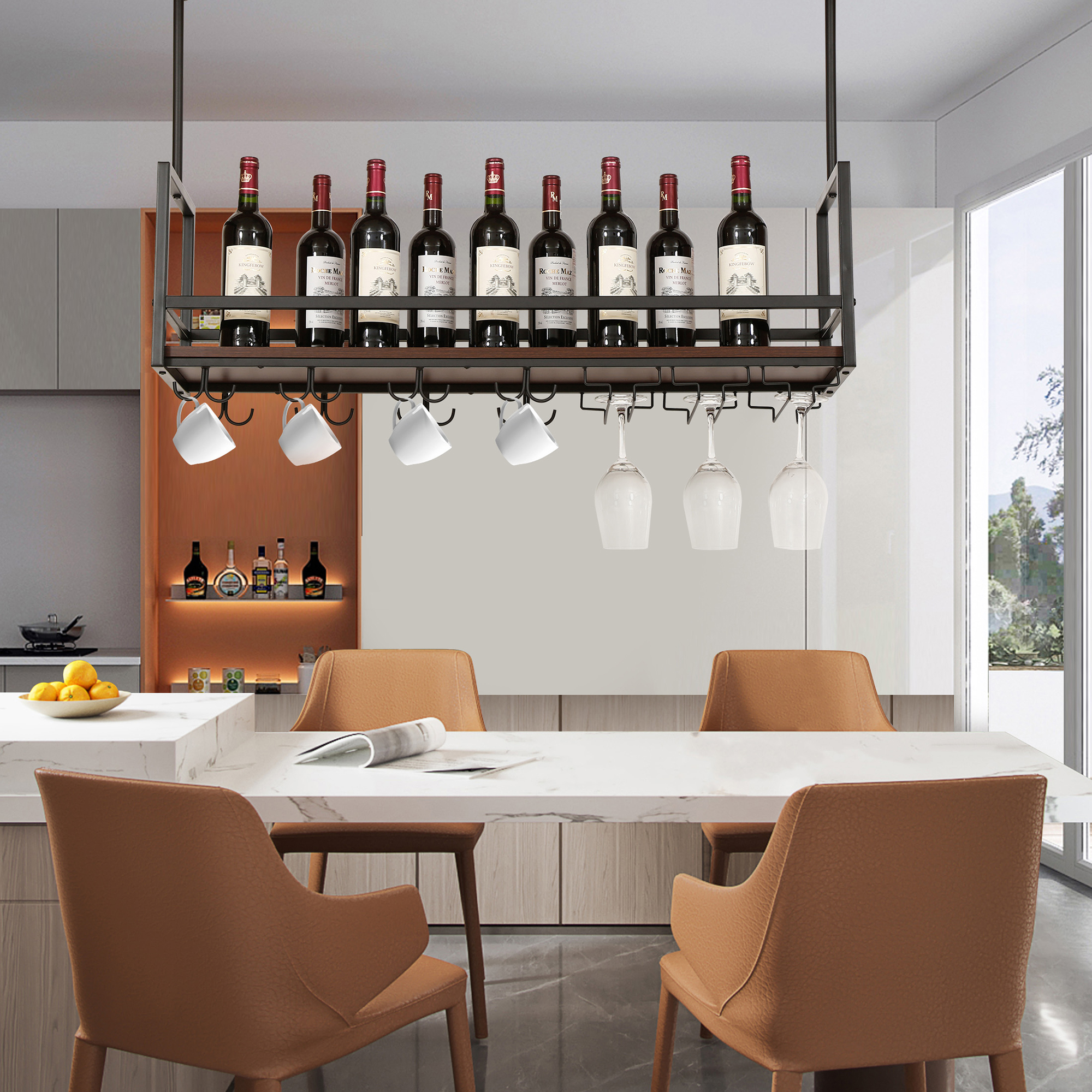 foto del prodotto portabottiglie sospeso da soffitto borejle con portacalici e ganci per tazze 100x30x65 cm nero effetto noce en.casa 