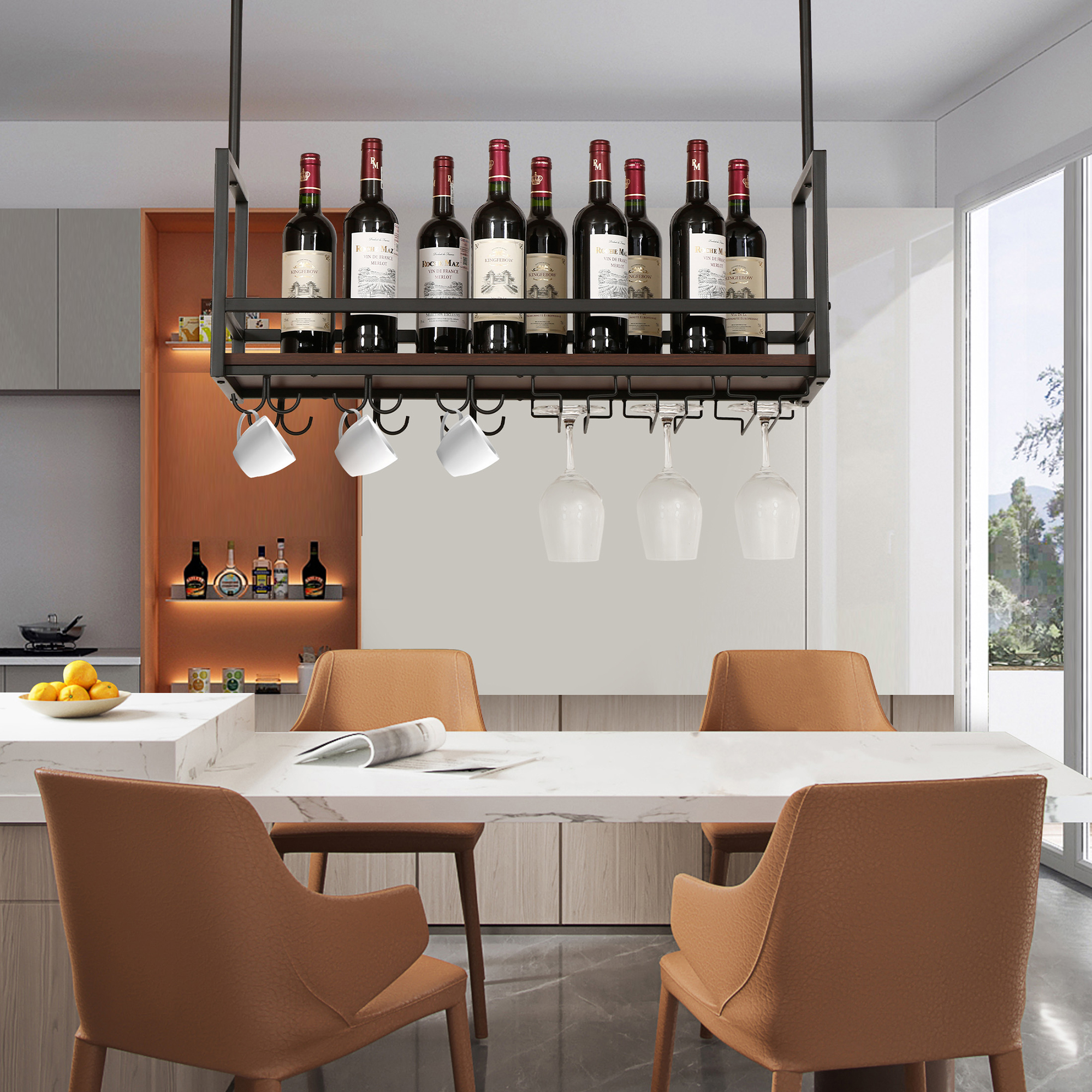 foto del prodotto portabottiglie sospeso da soffitto borejle con portacalici e ganci per tazze 80x30x65 cm nero effetto noce en.casa 