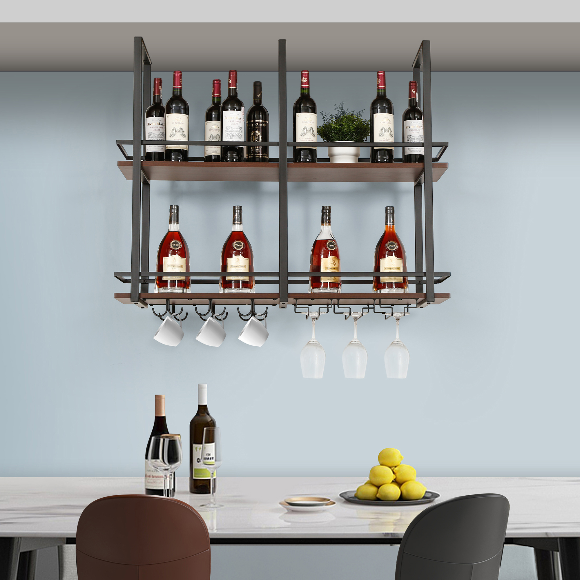 foto del prodotto portabottiglie sospeso da soffitto hubro con binari per calici e ganci per tazze 100x30x85 cm nero effetto noce